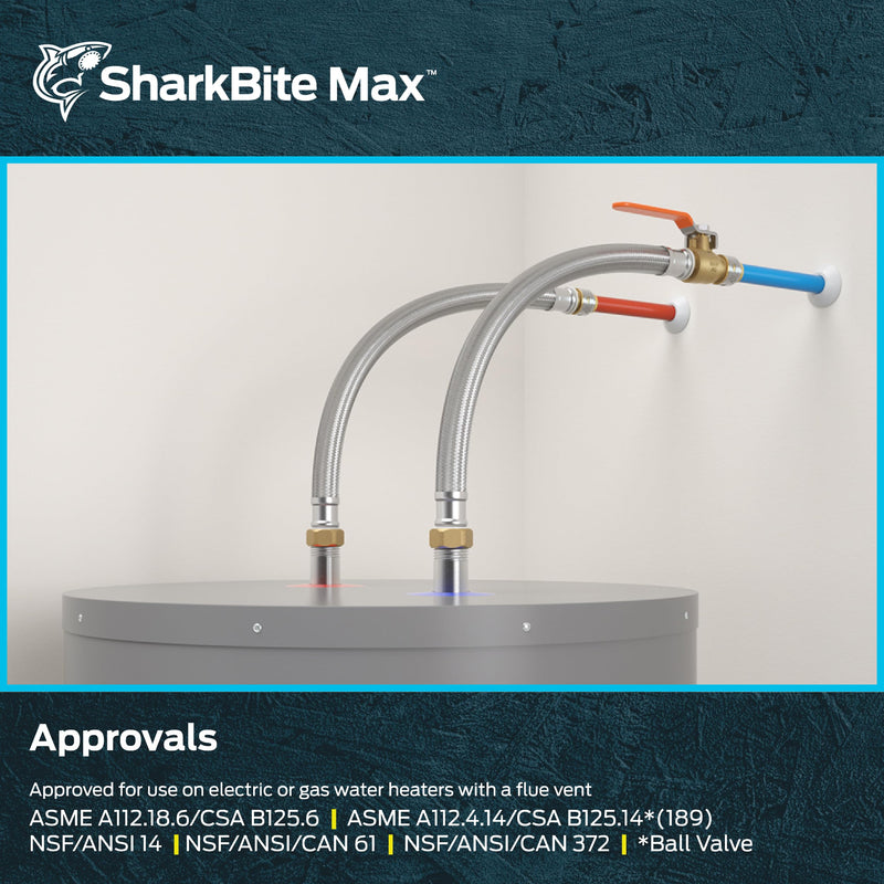 SharkBite Max 1/2 Inch Ball Valve x 3/4 Inch FIP x 18 Inch Stainless Steel Braided Flexible Water Heater Connector, Brass Plumbing Fitting, PEX Pipe, Copper, CPVC, PE-RT, HDPE, UR3068FX18BV 1/2 in.