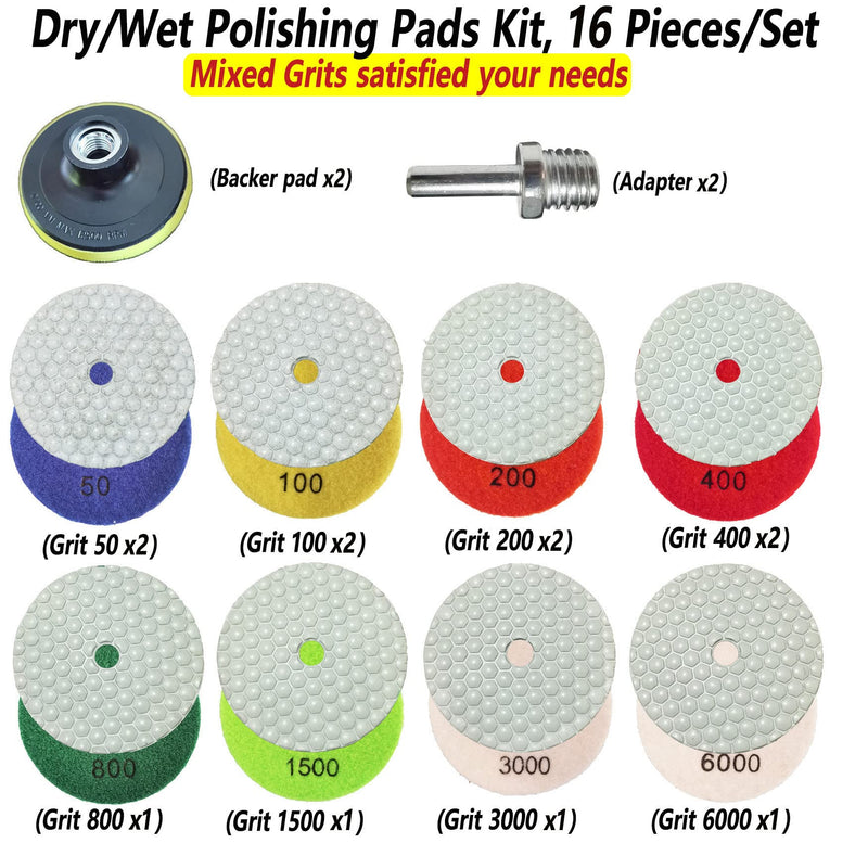 16 Packs Dry Diamond Polishing Pads Set, 4 Inch Dry/Wet Granite Bufffing Pad for Marble Quartz Concrete Stone Tiles - High Temperature Resistance Sanding Kit for Grinder Polisher Drill Set 1