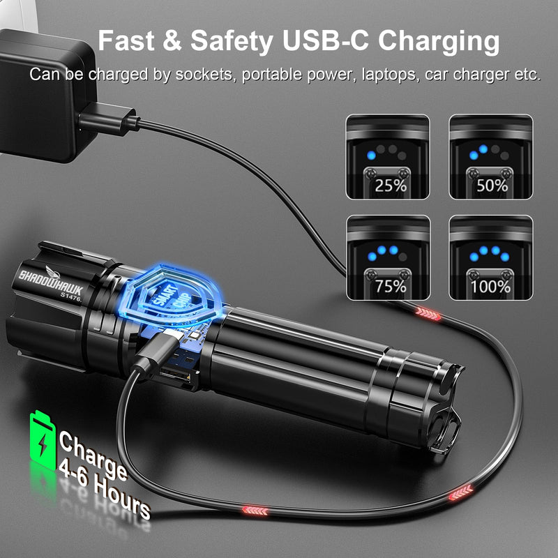 Flashlight 10000 High Lumens Rechargeable - 30W Super Bright LED Flash Light | 5000ft Beam & 12H Long Lasting USB C High Powered Handheld Police Flashlight for Home, Camping, Hiking, Emergency Black