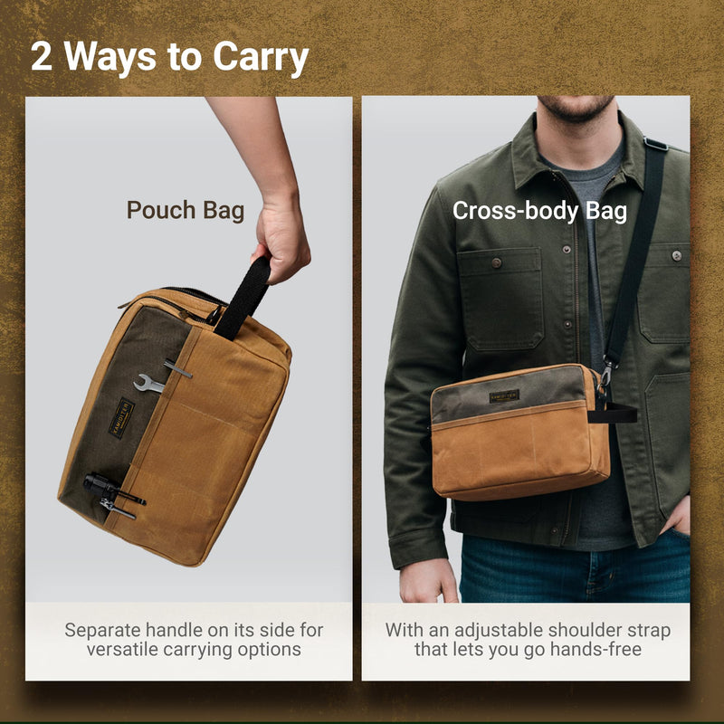 Small Tool Bag Waxed Canvas with Zipper Closure, Dual Compartments with 3 External Pockets, Handle & Adjustable Shoulder Strap 2-in-1 Convertible Pouch for Tool Organizers and Storage, Khaki