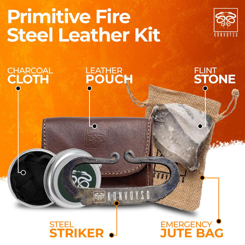 The Artisan Heritage Fire Kit – Hand-Forged Carbon Steel & English Flint in a Premium Top-Grain Leather Pouch COGNAC