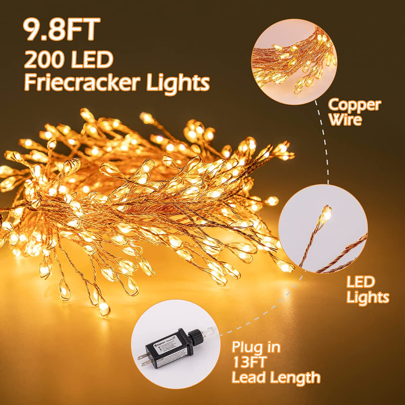 Minetom Fairy Lights Plug in, 10Feet 200 Led Cluster Lights Waterproof Firecracker Starry String Lights for Ceiling Bedroom Wreath Window Wedding Christmas Tree Decoration, Warm White (No Remote) 200LEDs