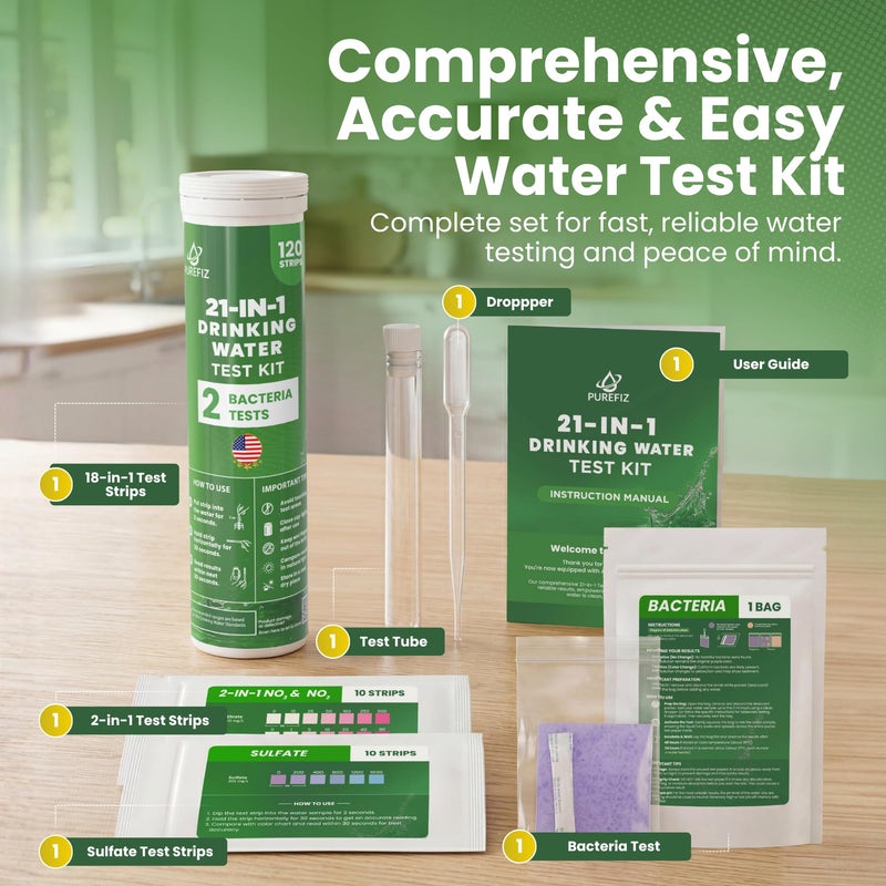 21-in-1 Drinking Water Test Kit – 120 Strips + 2 Bacteria Tests – Easy DIY Testing for Tap, Well & Spring Water – Tests Lead, Fluoride, Iron, Hardness, pH, Chlorine, Copper, Bacteria & More Drinking Water Test Kit (120 Pack)
