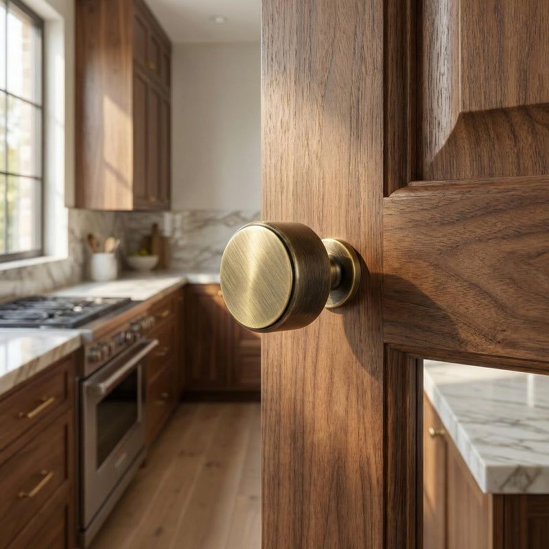 Jovenille-Antique Brass Kitchen Cabinet Knobs 5 Pack, 1.1Inch Solid Brass Dresser Drawer Pulls, Modern Bronze Furniture Hardware Handles for Cupboard Wardrobe Vanity Closet Door
