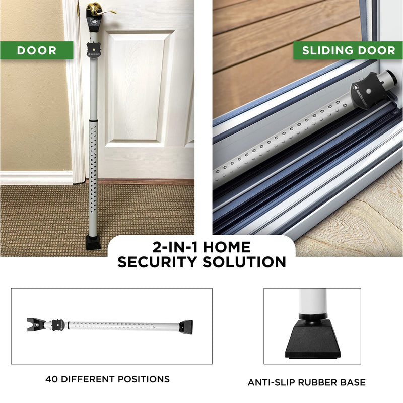 Adjustable Sliding Door Security Bar, Door Jammer 2-in-1 Adjustable Door Knob and Sliding Patio Door Stoppers Security with Alarm, 40 Different Adjustments by Guard Dog Security White w/Alarm