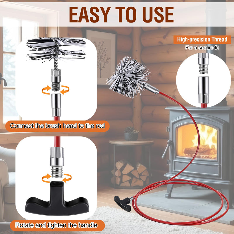 3 Inch Pellet Stove Pipe Cleaning Brush Kit, 10 FT Flexible Steel Rod 3" Brush Head