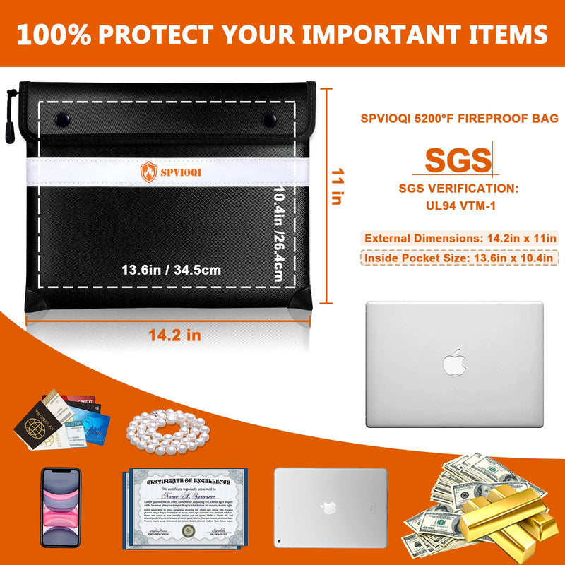 Fireproof Document Bag 5200°F with Heat Insulated, Fireproof Money Bag for Cash with Zipper and Reflective Strip, 14.2” X 11” Fireproof Safe Storage Pouch for Valuables Black 14.2" x 11"
