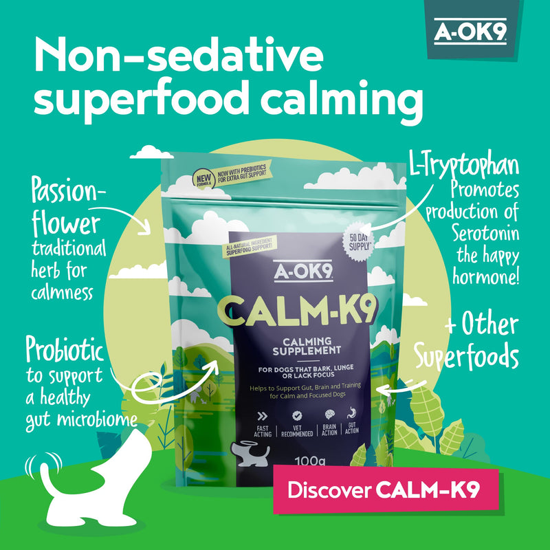 A-OK9 Calm-K9 | Calming Supplement for Dogs with Anxiety, Stress or Barking Troubles | Natural Ingredients. All Ages & Breeds Superfoods & Dog Supplements 1 pouch - PawsPlanet Australia