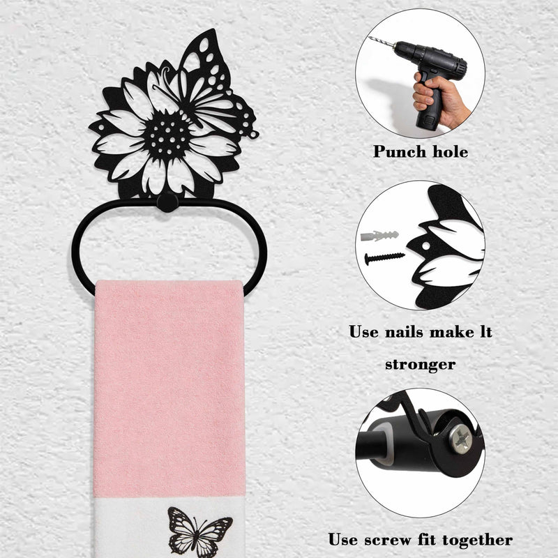 Black Metal Sunflower & Butterfly Wall Mounted Towel Ring, Floral Design Decor Accessories, Artistic Plant Towel Holder Decorative Gift for Kitchen Home Restroom Office Hotel Laundry Room