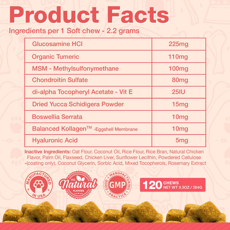 Arthritis Dog Joint Chews| Glucosamine, Chondroitin, Omega-3| MSM Support for Healthy Joints| 120ct Veterinarian Formulated Soft Chews| Up to 4-Month Supply - PawsPlanet Australia