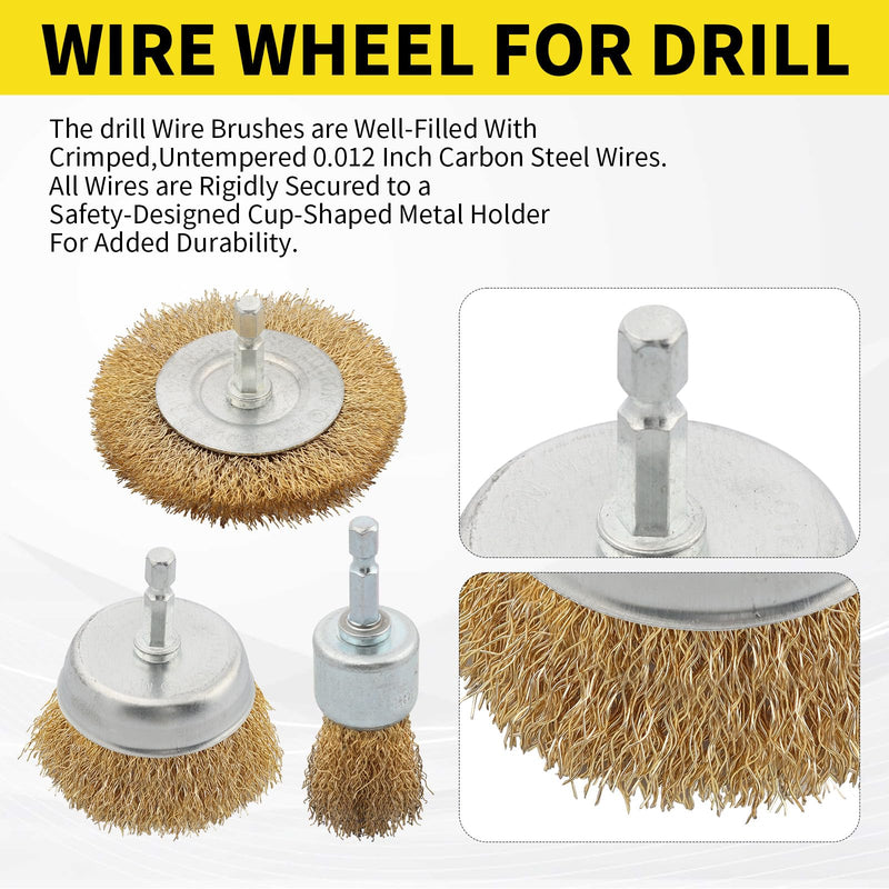 5 Pcs Wire Brush for Drill Set, Brass Wire Wheel for Drill, 1/4 Inch Hex Shank, Wire Brushes for Cleaning Rust for Drill Set for 5Psc