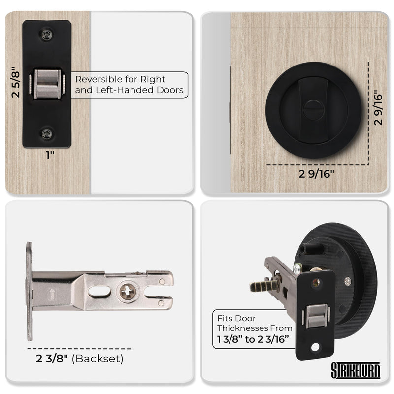 Premium Black Pocket Door Hardware - Round Pocket Door Lock - Ergonomic Matte Black Door Handle with Pocket Door Pull - Reversible Pocket Door Latch for Safety