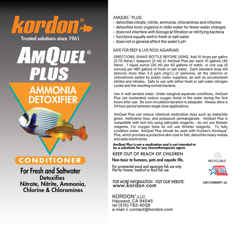 Kordon AmQuel Plus Aquarium Water Conditioner - Instantly Detoxifies Ammonia, Nitrite, Nitrate, and Chlorine Remover for Freshwater & Saltwater Aquariums, 16 Ounces
