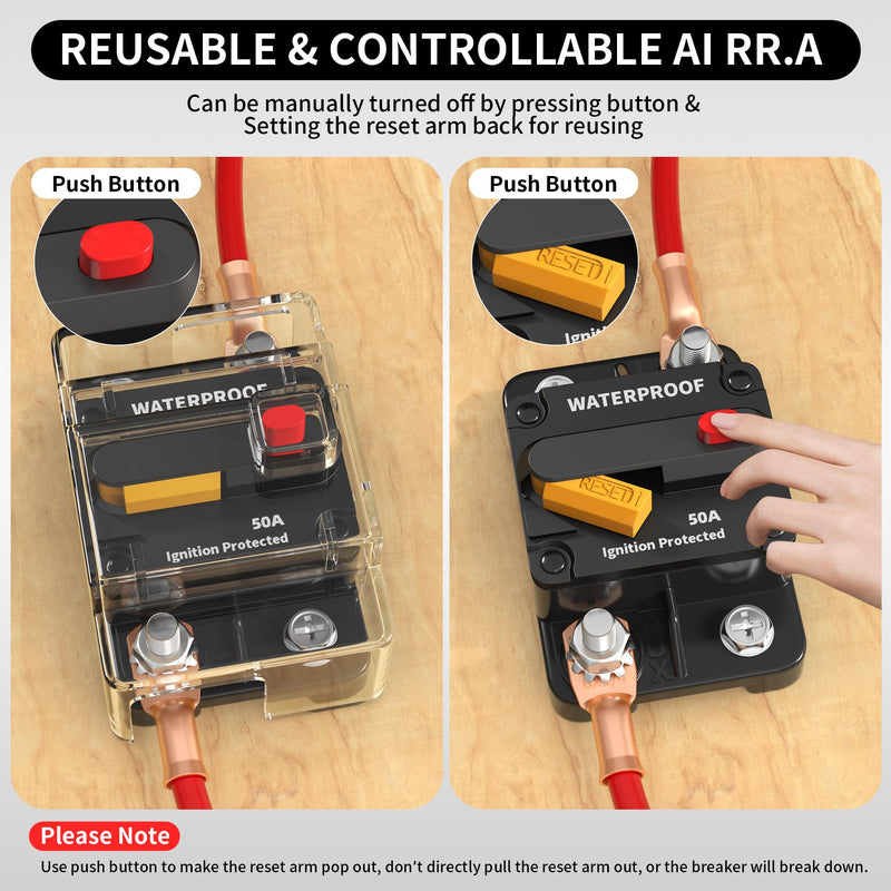 DaierTek 50 Amp Circuit Breaker 2-Pack with Transparent Cover Waterproof Marine Circuit Breaker 12V - 48V Resettable Inline Fuse Switch, 12 Volt 50A Breaker for Boat Trolling Motor Car Automotive 50A with Cover