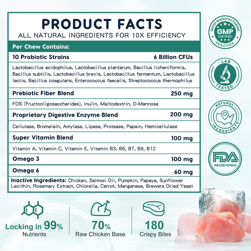 Probiotics for Dogs, Dog Probiotics with Digestive Enzymes, Prebiotics, Omega-3 & 6 and Vitamin for Dogs Digestive Health, 6 Billion CFUs for Gut Health and Immune Support, 180 Freeze-Dried Chews 180 counts