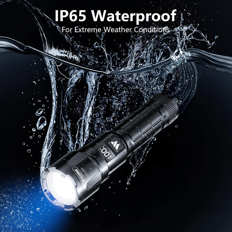 Wdtpro LED Rechargeable Flashlight 2Pack, 3Modes Super Bright High Lumens Flashlights, Zoomable Tactical Flashlight with LCD Display, IP65 Waterproof Flashlights for Home Emergency Camping & Gifts Men Black 2 PACK
