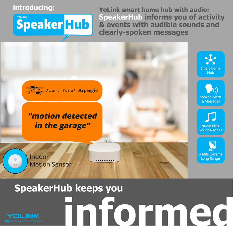 YoLink SpeakerHub & Two Motion Sensor Smart Home and Security Kit – Audio Hub Plays Tones/Sounds, Spoken Messages, LoRa-Powered ¼ Mile Range, WiFi Required Indoor IPR, 2-Pack