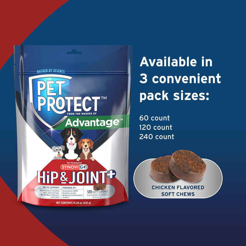 Pet Protect Dog Hip & Joint+ Supplement for Active & Aging Dogs, Vet-Formulated Synovi G4, Dog Glucosamine, Chicken-Flavored Soft Chews (120 Count) 120 Chews