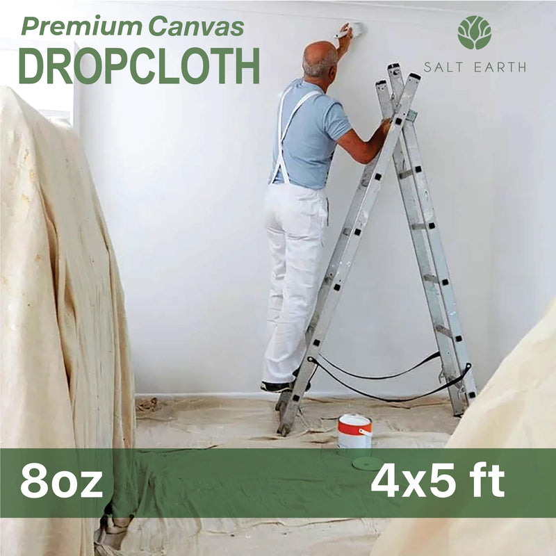 Canvas Drop Cloth by Salt Earth, Pack of 1 Reusable Paint Drop Cloth, 100% Recycled Cotton, All Purpose Painters Drop Cloth, Cotton Canvas Tarp Cover for Painter Furniture & Floor Protection (4x5 FT) 4x5