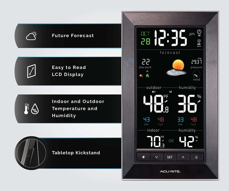 AcuRite Digital Vertical Weather Forecaster with Indoor/Outdoor Temperature, Humidity, and Date and Time (01121M) , BLACK Reverse Color