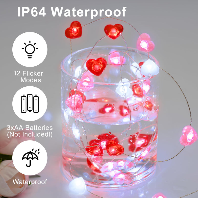 KAiSnova Valentine’s Day Fairy String Lights 10ft 40LEDs Red Pink White Heart Shaped Twinkle Fairy Lights Battery Operated with Remote for Indoor Bedroom Wedding Party Mother Day Decor Red, Pink, White