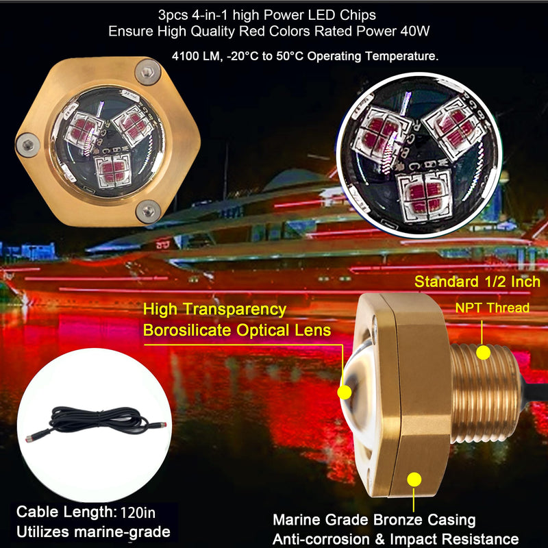 Red Boat Drain Plug Light,IP68 Underwater Boat Lights with APP Remote Control,Replaces Standard 1/2" NPT Drain Plug for Cruising, Fishing & Fun,Smart Cooling System,No Holes to Drill! Red 1PCS NPT