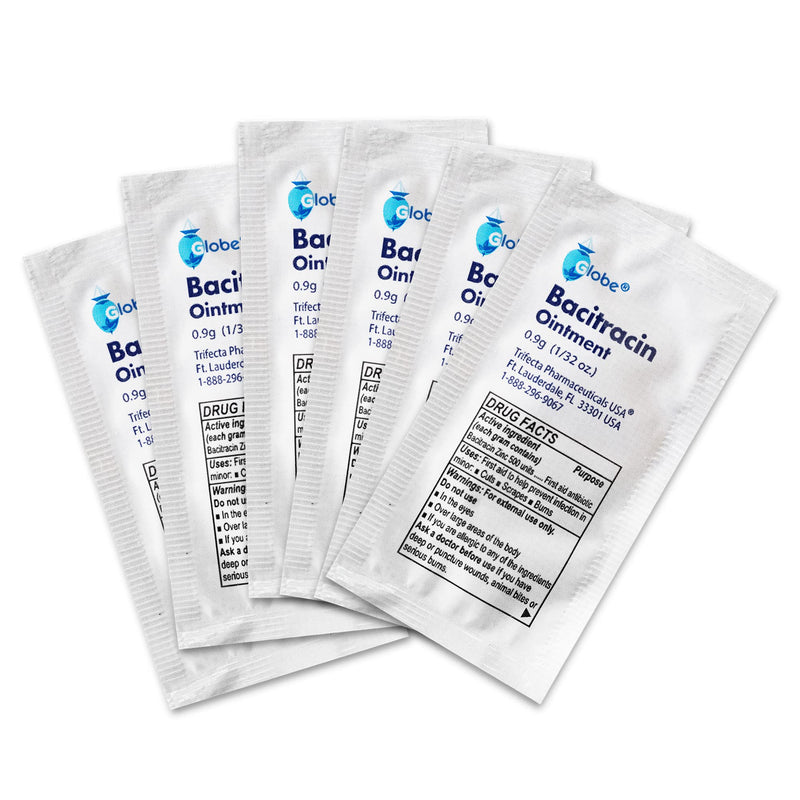 Globe (144 Packets) Bacitracin Antibiotic Zinc Ointment 0.9g Packet. First Aid to Prevent and heal infections for Minor cuts, scrapes and Burns. 144 Count (Pack of 1)