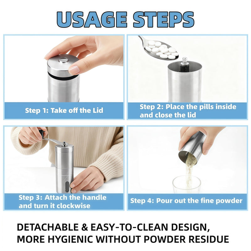 Home Goods Pill Crusher Adjustable Grinder Stainless Steel Pill Grinder - Large Capacity Pill Splitter - Cuts Pills into Fine Powder - Mills for Feeding Tube Pets Kids (1+3 pc)