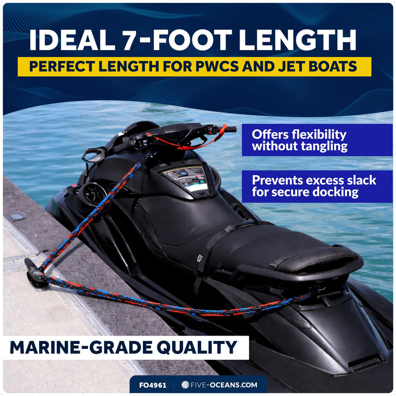 Five Oceans 1/2" x 7 Ft PWC Dock Line, Dock Lines for Boats with Giant Snap Hook, 2-Pack, Black, Red & Blue - Mooring Rope for Boats, Jet Ski, Kayak, Watercraft & Canoe - FO4961 Red/Blue