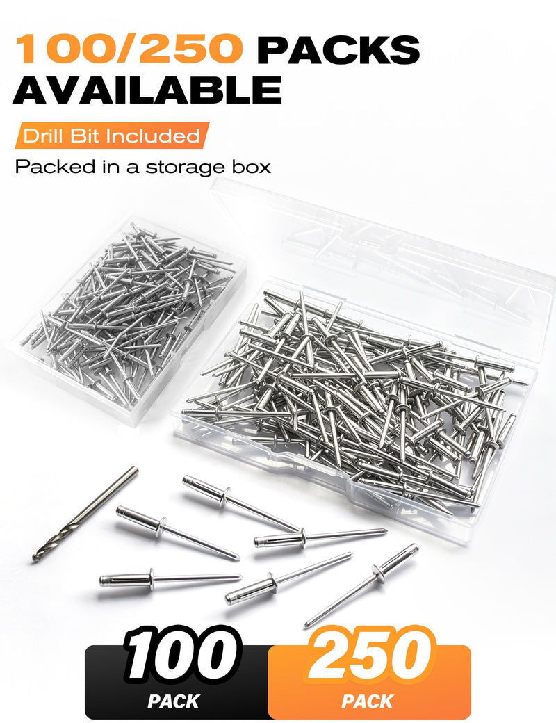 Tri-Fold Pop Rivets 1/4" x 7/8", 100 CTs High Grip Exploding Bulb Blind Aluminum Rivets for Thin Sheet Metal, 6.4x23mm Open End Steel Mandrel 1/4" x 7/8" Silver
