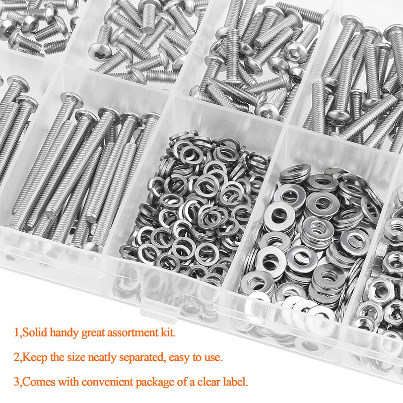 540 Pieces M3 x 6mm /8mm /12mm /16mm /20mm /25mm /30mm, Button Head Socket Cap Screws Bolts Washers Nuts Kit, 304 Stainless Steel Button Head Screws