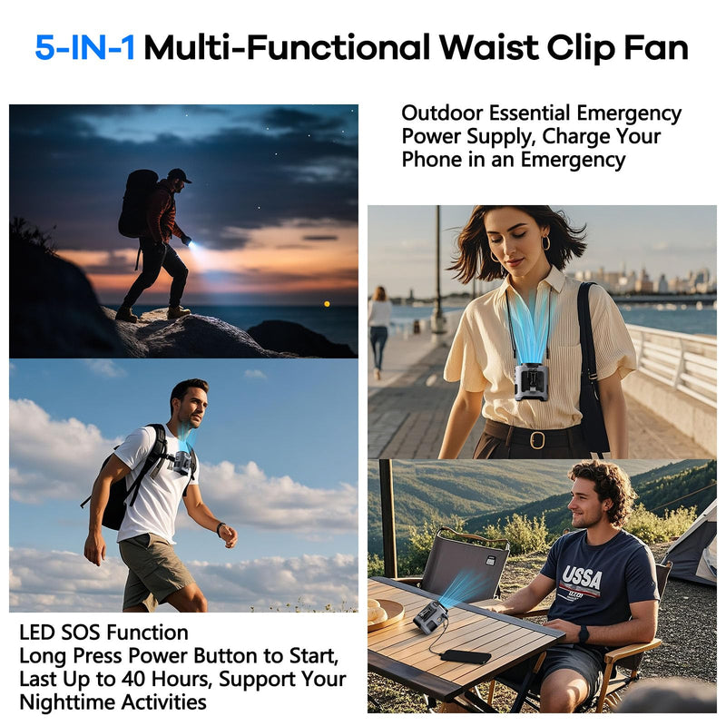 AI Portable Waist Clip Fan, Upgraded 10000mAh Rechargeable Battery Wearable Belt Personal Fan, 16000RPM Powerful 5 Speeds Shirt with Flashlight Neck Hands-Free 40H Cooling (Gray) Gray