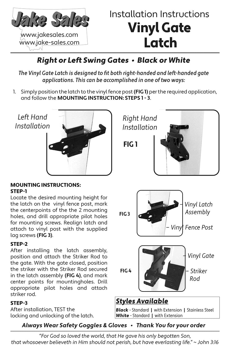 Vinyl Gate Latch Black (for Vinyl, Wood, PVC etc Fencing) Fence Gate Latch w/Mounting Hardware - Gate Latches Have a 90 Degree Bracket Resulting in a Positive Latch to Gate Connection BLACK - EACH