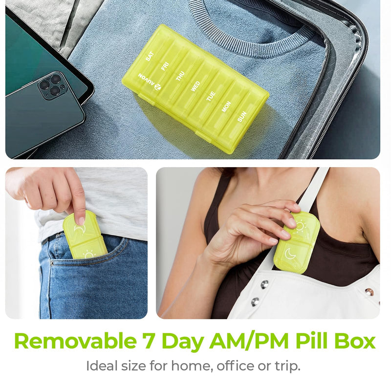AUVON XL Weekly Pill Organizer 2 Times a Day, Pill Box 7 Day with One-Side Large Openings for Easy to Use, Black Privacy Protection AM PM Pill Case for Medication, Vitamins, Fish Oils, Supplements Light Yellow