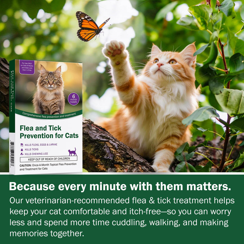 Cat Flea and Tick Prevention & Treatment - Flea and Tick Prevention for Cats, 6-Month Supply, Flea Control, Repellent, Suitable for Cats Over 1.5 lbs, Flea Supplements