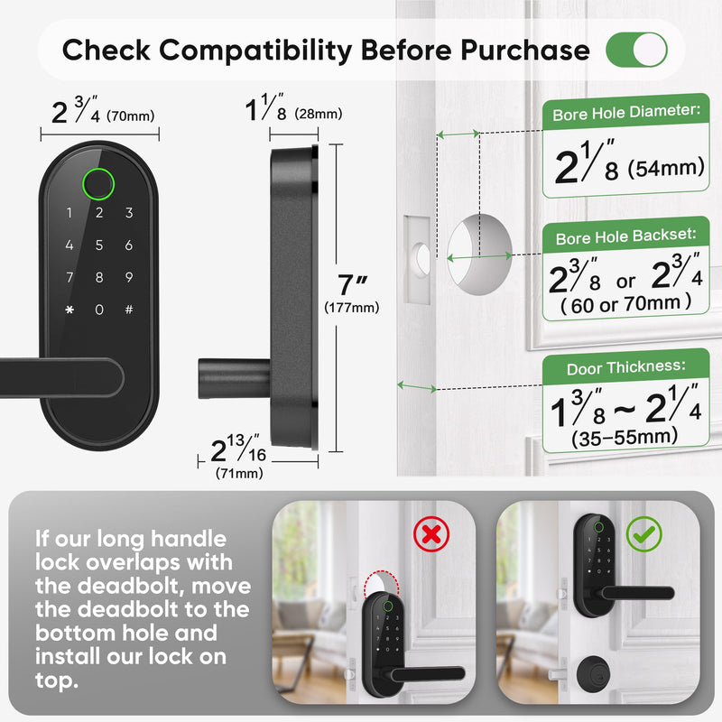 Keyless Entry Fingerprint Digital Smart Lock with Handle & Keypad: Electronic/Electric Lock with Code, App Control Biometric Deadbolt Door Knob for Front, Interior, Exterior & Bedroom Door (Black) Black