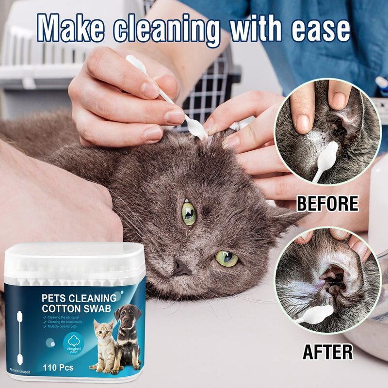 110 Pcs Pet Dry Cotton Swabs Clean Ear Double-Headed Gourd-Shaped Dried Cotton Buds with Storage Box Gentle Grooming for Dogs Cats