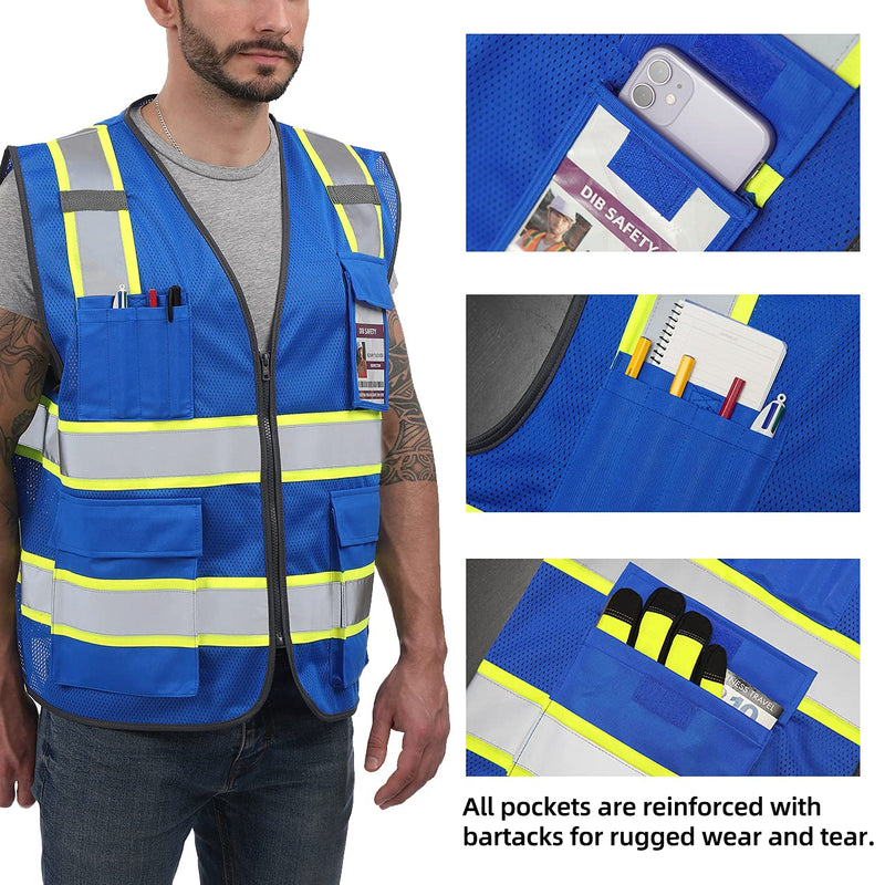 Dib Safety Reflective Mesh Vest High Visibility Two Tone with Pockets and Zipper, Blue Mesh with Yellow Trim L Large