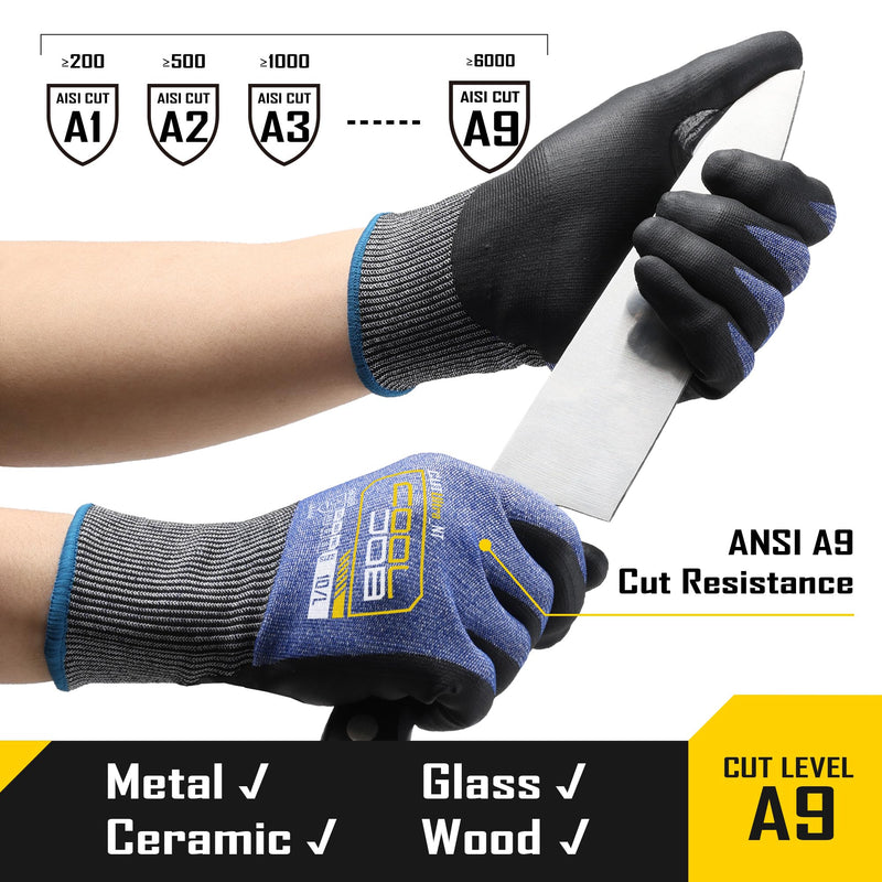 COOLJOB A9 Highest Level Cut Resistant Safety Work Gloves, Reinforced Cut Proof Wood Carving Gloves with Grip, Touchscreen A9 Blue (Pack of 3) Small