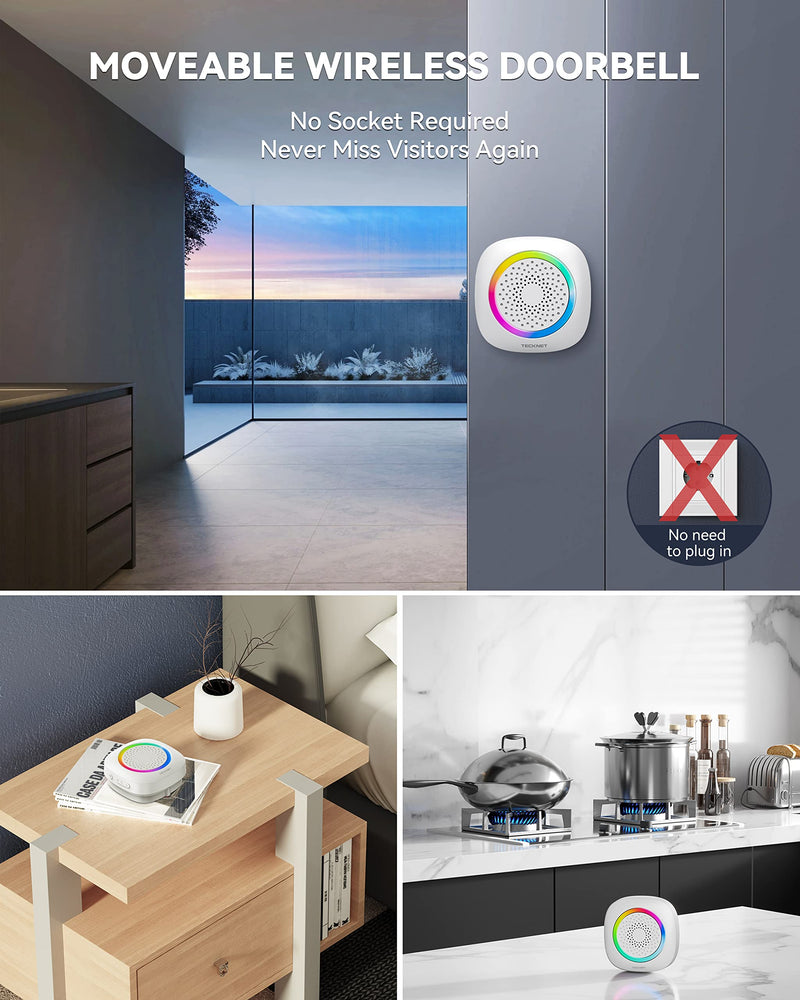 TECKNET Wireless Doorbell, Portable Doorbell with RGB Light, Battery Powered IP66 Waterproof Cordless Door Chime Kit, 1300 ft Wireless Range, 60 Chimes & 5 Level Volume, Using Time up to 4.5 Years 1 push button 1 portable receiver White