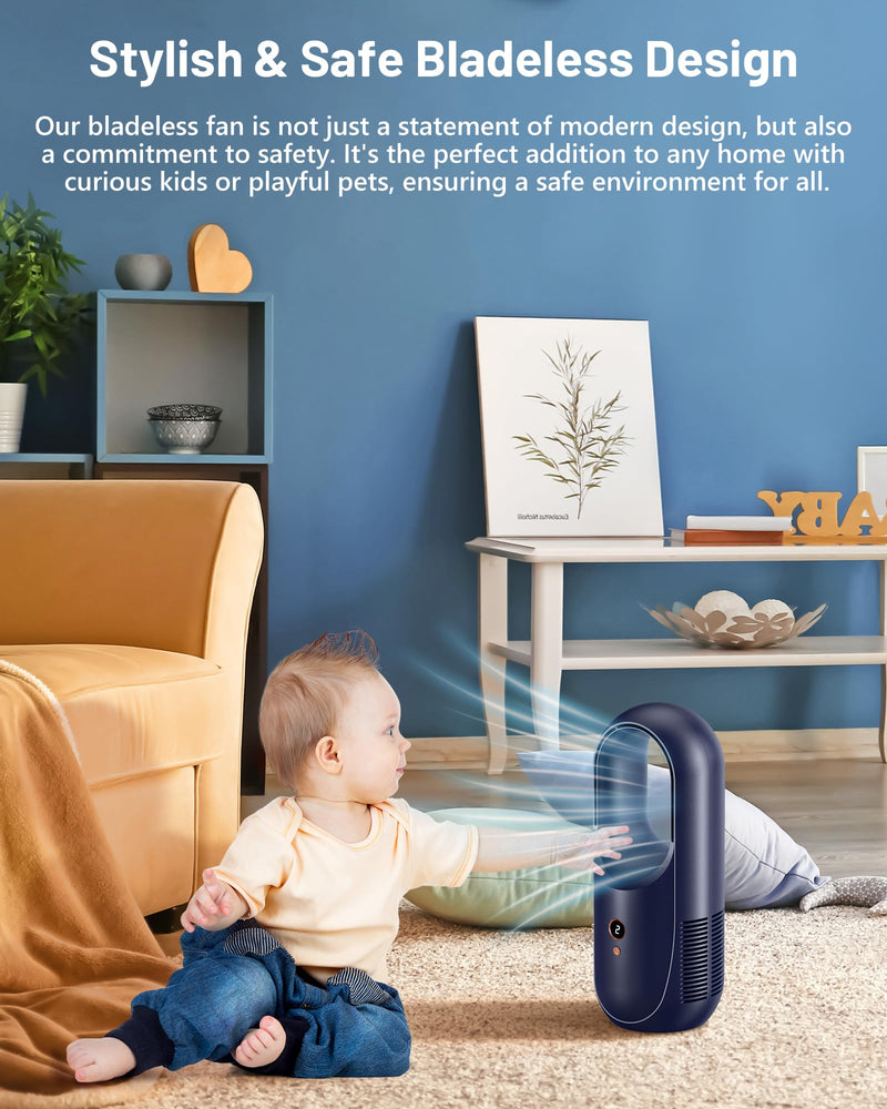 RELEXNOW 13.8" Bladeless Desk Fan - 6 Speed Modes, Small Bladelss Rechargeable Fan, Quite Office fan, Easy to Clean & Touch Control, Desk Fan Small Quite for Office, Bedroom