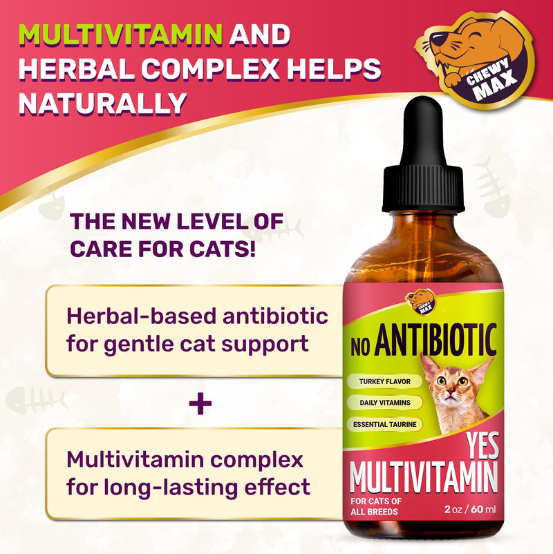 Cat Multivitamin Complex with Turkey Flavor – Natural Cat Antibiotic Liquid Alternative to Help with Allergies, UTIs & Cough – Herbal No Antibiotic Yes Multivitamin for All Breeds – 2 Oz 2 Fl Oz