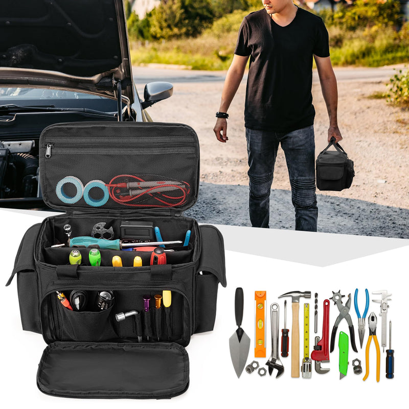 Small Tool Bag with Anti-friction and Thick Padded Bottom, Tool Storage Organizer for Men, Tactical Bag, Range Bag, Multi-functional Work Bag for Repairman, Electrician, Carpenters, Handyman Black