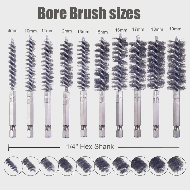 10 Pcs Bore Brush for Drill, Drill Wire Bore Brush, Stainless Steel Bore Brush Set witn 1/4 Inch HexShank, Drill Wire Brush for Power Drill Impact Driver