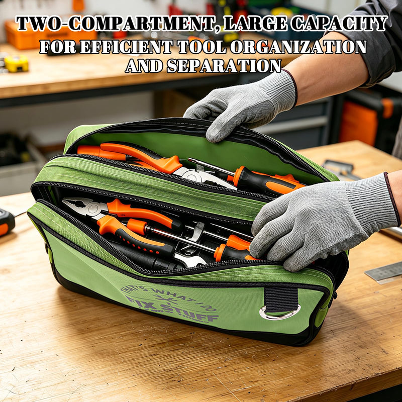 Small Tool Pouch, Zipper Tool Pouch 2 Compartments, Utility ToolBag with Carrying Handle, Heavy-Duty Tool Bag Organizer, Screwdriver Storage Tool Box, Electrician Mechanic Men Dad Gifts (Green) Green