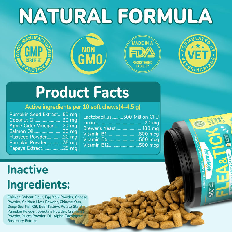 Woyamay 4-IN-1 Flea and Tick Prevention for Cats, 500 Crunchy & Creamy Chews, Cat Flea Treatment, Natural Oral Flea Treatment for Cats, Daily Support for Flea, Immune, Skin & Coat, Gut, Chicken Flavor