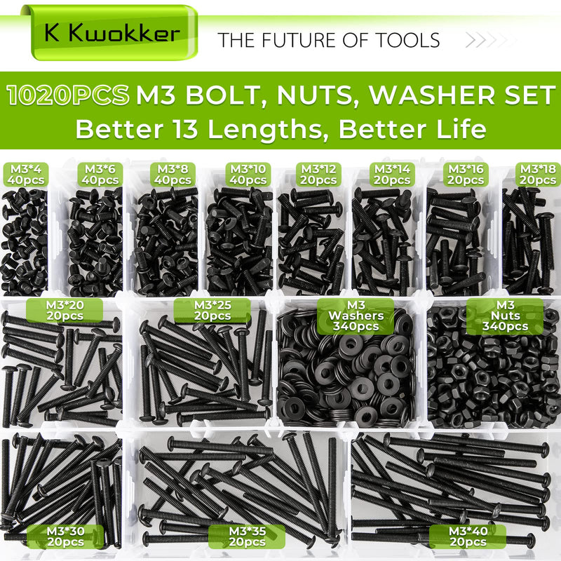 1023Pcs M3 Screw Assortment 13 Lengths 4mm to 40mm, 10.9 Alloy Steel Nuts and Bolts Assortment Kit, Metric Button Head Hex Socket Head Cap Machine Screws and Nuts, Washers, Black B M3 Button Head Screws Black
