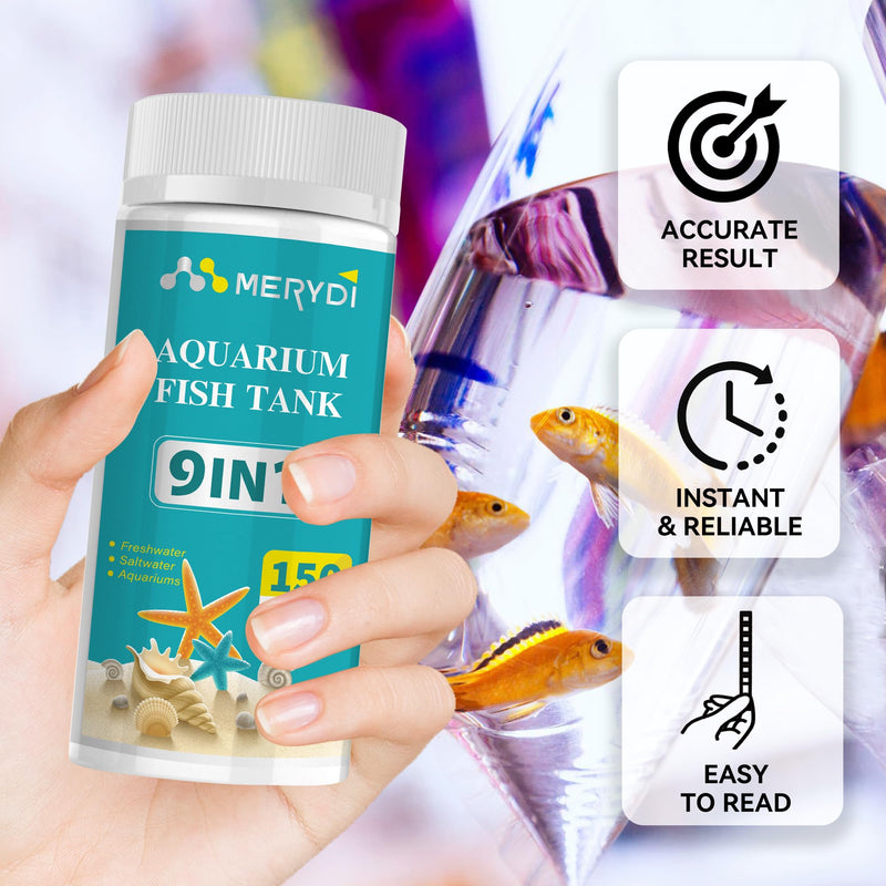 Aquarium Test Strips, 9 in 1 Fish Tank Test Kit for Freshwater Ponds, 150 ct Quick & Accurate Water Testing Iron Copper Sodium Chlorine Nitrate Nitrite Total Alkalinity Hardness Free Chlorine pH 9 IN 1 aquarium test strips