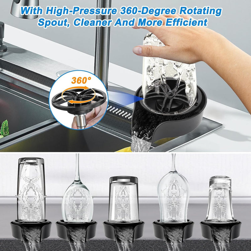 Petyoung Glass Rinser for Kitchen Sink, 360 Degree Rotating Glass Rinser with Pull Out Spray Head, Kitchen Sink Bottle Washer, Faucet Glass Rinser Cup Washer Cleaner Attachment Accessory for Bar Sink