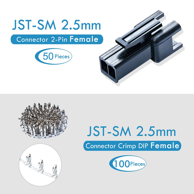 JST SM 2.5 mm Pitch 2-Pin Electronic Connector IC Male Plugs, Female Sockets Housing and Male/Female T-Shaped Crimp Terminal Kit. 50 Sets/300 Pieces Wire-Wire Adapter Cable Assembly. 2P
